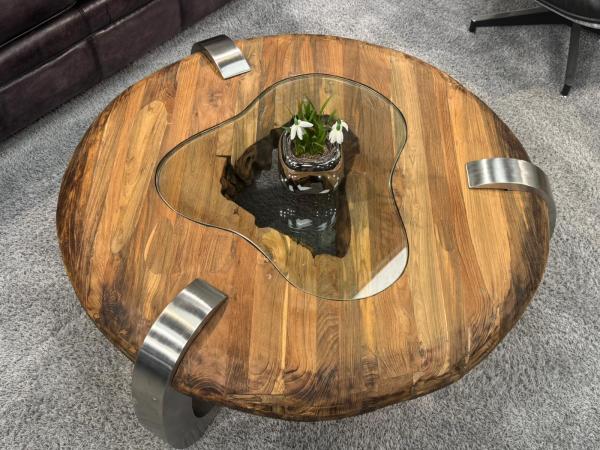 Couchtisch rund Clash aus Holz mit Edelstahl