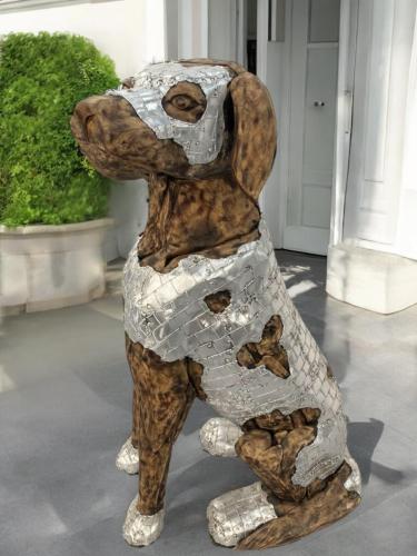 Deko Sitzender Hund 100 cm aus Holz und Aluminium