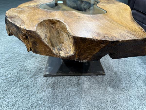 Einmaliger Couchtisch aus Teak Baumscheiben und Glas