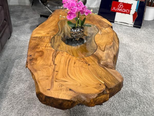 Einmaliger Couchtisch aus Teak Baumscheiben und Glas