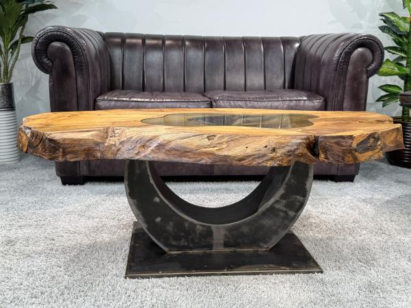 Einmaliger Couchtisch aus Teak Baumscheiben und Glas