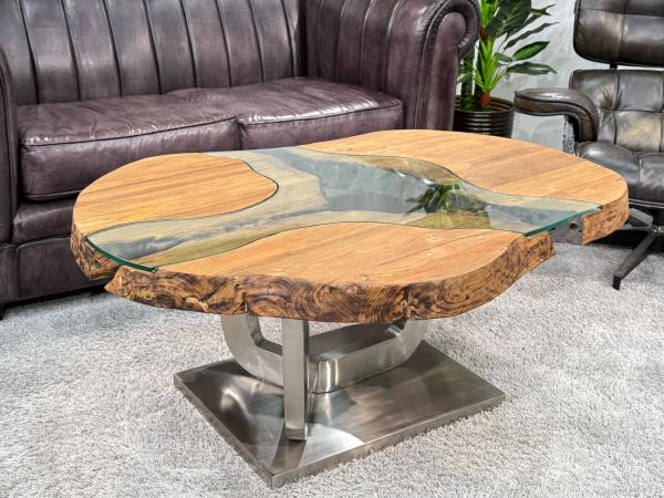 Massivholz Couchtisch mit Glaseinlage Fjord