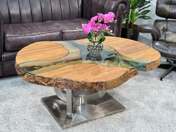 Massivholz Couchtisch mit Glaseinlage Fjord