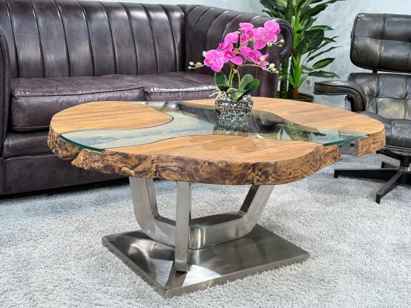 Massivholz Couchtisch mit Glaseinlage Fjord