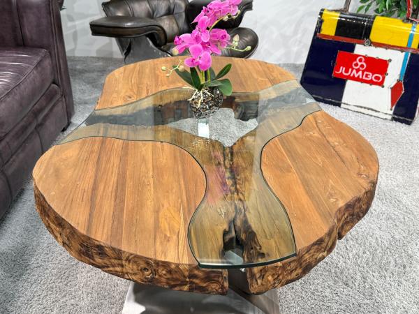 Massivholz Couchtisch mit Glaseinlage Fjord