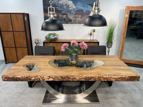 Stilvoller Esstisch aus massivem Teakholz und Glas 220 cm