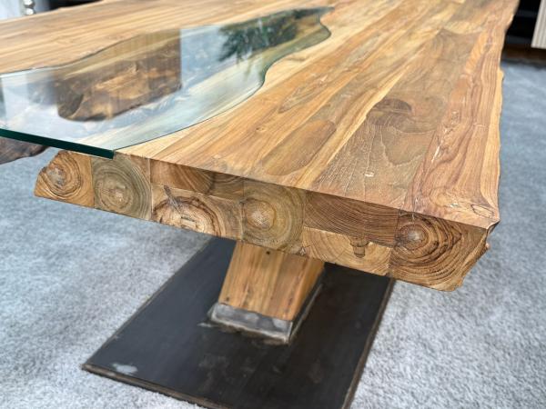 Holz-Esstisch mit Glasplatte, rechteckig, 220 x 100 x 78,5 cm