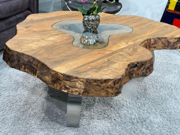 Couchtisch aus Altholz mit Glaseinlage, 130x87x46 cm