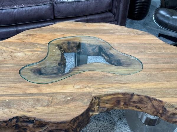 Couchtisch aus Altholz mit Glaseinlage, 130x87x46 cm