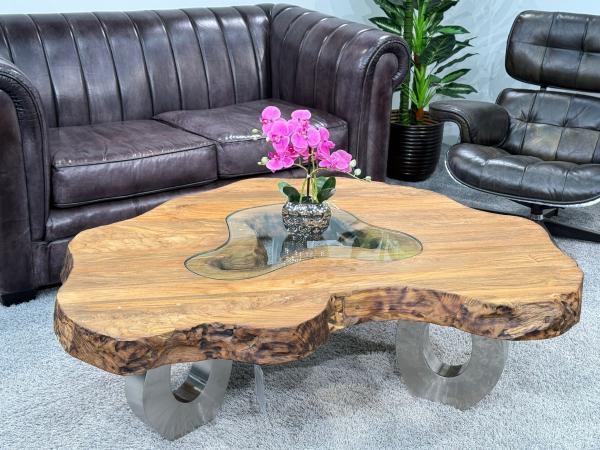 Couchtisch aus Altholz mit Glaseinlage, 130x87x46 cm