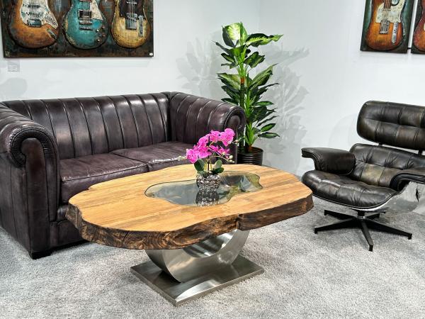 Außergewöhnlicher Couchtisch "Fusion" aus Teakholz mit Glaseinlage, ca. 135 x 90 x 50 cm