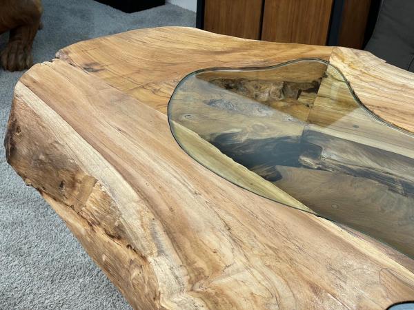 Esstisch Expression aus Teakholz mit Glaseinlagen und Edelstahlgestell