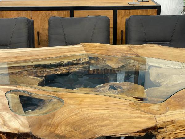 Esstisch Expression aus Teakholz mit Glaseinlagen und Edelstahlgestell