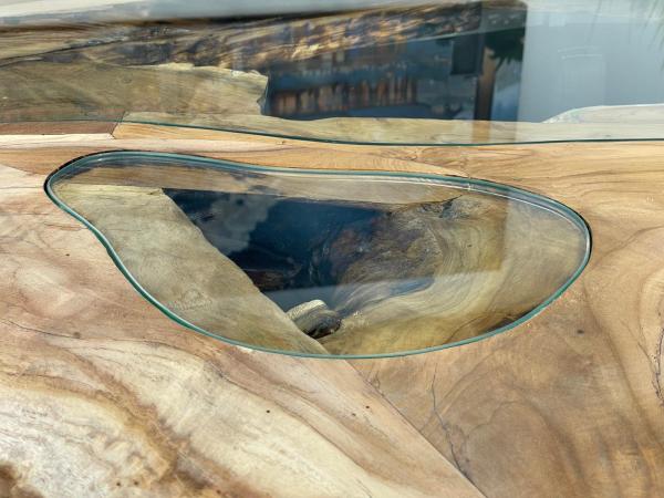 Esstisch Expression aus Teakholz mit Glaseinlagen und Edelstahlgestell
