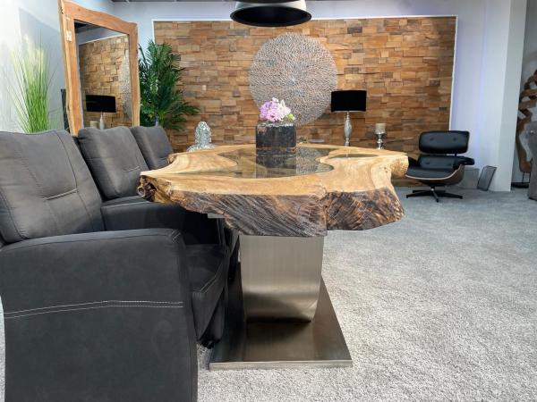 Esstisch Expression aus Teakholz mit Glaseinlagen und Edelstahlgestell