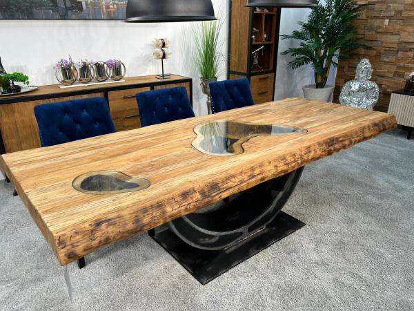 Abverkauf Esstisch "Deep Island" aus Holz mit Glaseinlage ca. 250 x 100 x 79 cm mit Halbmond Rohstahlgestell