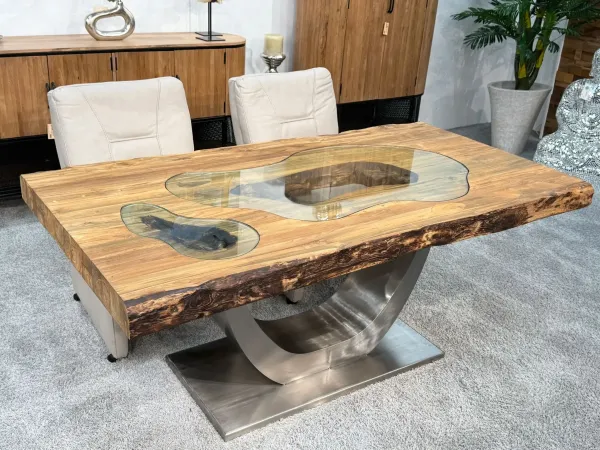 Solid wood dining table with glass inlays, 180x93x76 cm, seats 6.