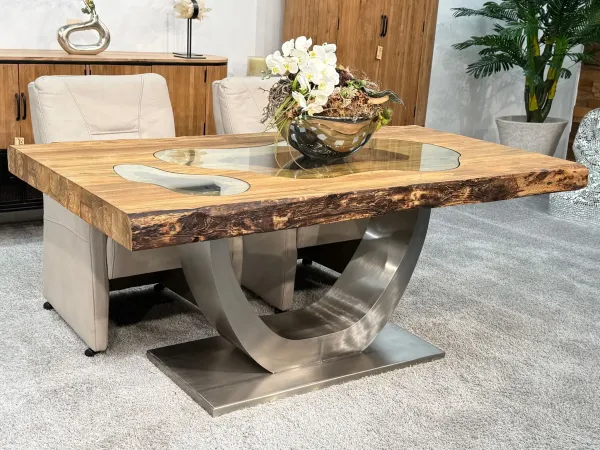 Solid wood dining table with glass inlays, metal base.