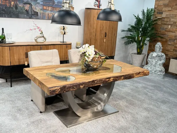 Solid wood dining table with glass inlays, seats 6.