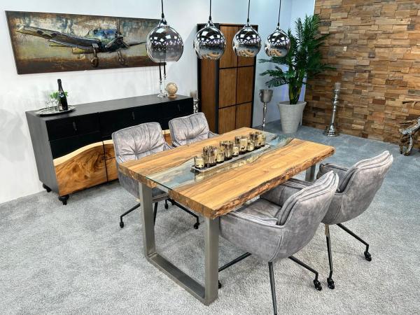 Esstisch mit Glaseinlage Old Elements aus recyceltem Teakholz