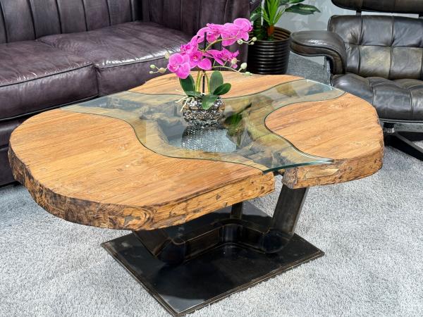 Massivholz Couchtisch mit Glaseinlage Fjord