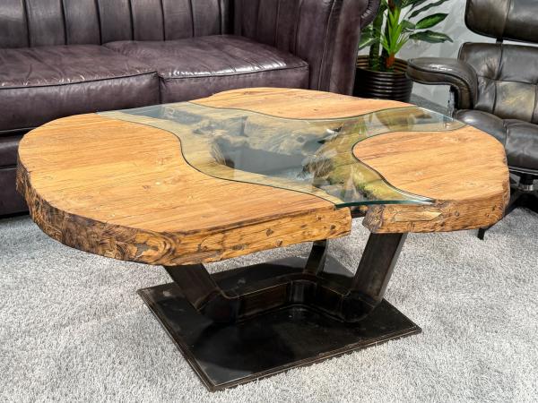 Massivholz Couchtisch mit Glaseinlage Fjord