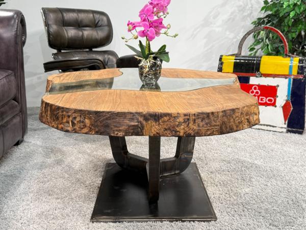 Massivholz Couchtisch mit Glaseinlage Fjord