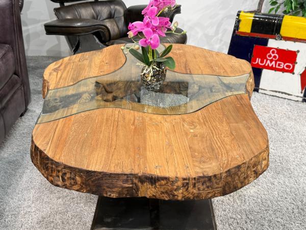 Massivholz Couchtisch mit Glaseinlage Fjord