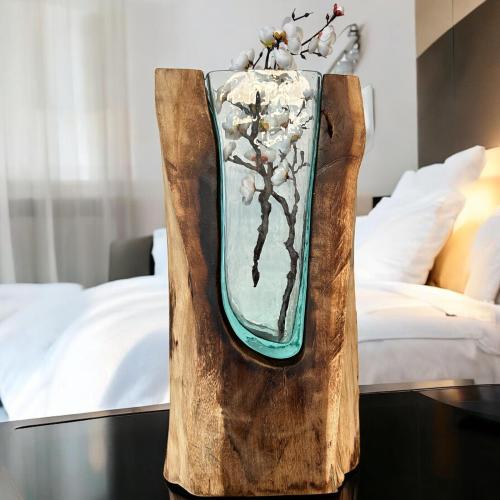Kleine Vase aus geschmolzenem Glas mit Holz 50 cm
