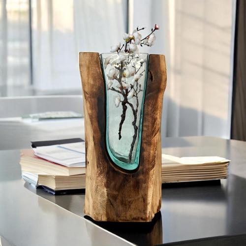 Kleine Vase aus geschmolzenem Glas mit Holz 50 cm