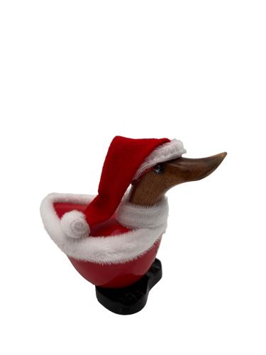 Handgeschnitzte Dekoration aus Holz Ente im roten Weihnachtsanzug