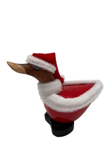 Handgeschnitzte Dekoration aus Holz Ente im roten Weihnachtsanzug