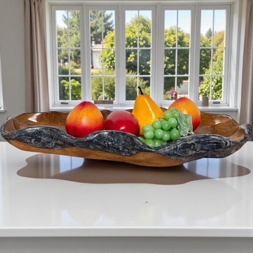 Holzschale Amalia aus Teakholz mit schwarz/silbernem Rand