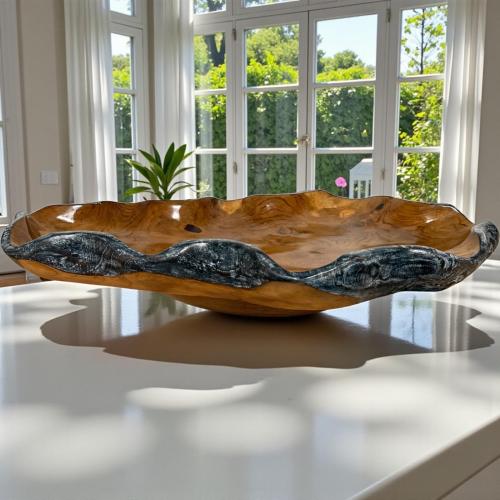 Holzschale Amalia aus Teakholz mit schwarz/silbernem Rand