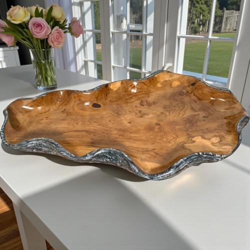 Holzschale Amalia aus Teakholz mit schwarz/silbernem Rand