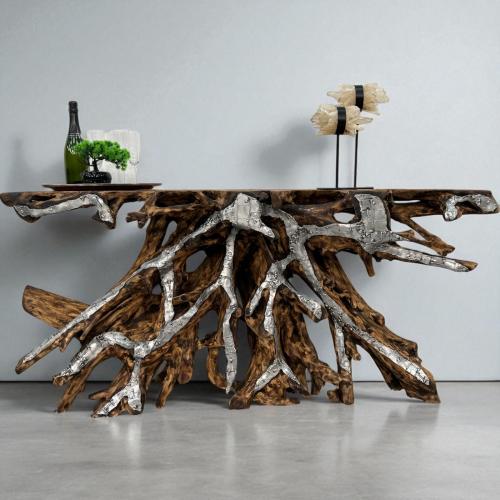 Sideboard aus einer Baumwurzel mit Aluminium