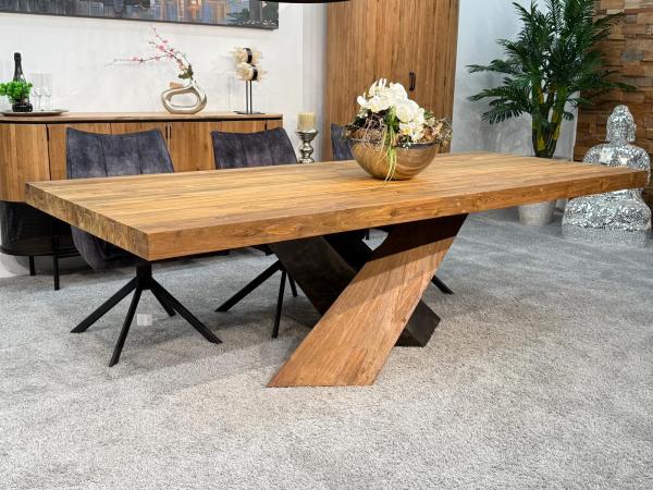 Esstisch "Deep Island Singlecross" ca. 249 x 100 x 76 cm aus recyceltem Altholz mit Kreuzgestell aus Holz und Rohstahl