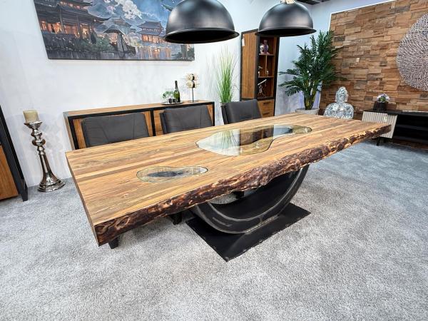 Massiver Teakholztisch mit Halbmond Stahlfuss 250cm