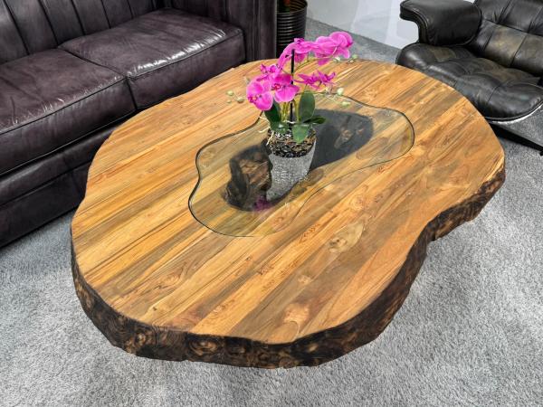 Organisch ovaler Couchtisch Fusion Holz Altholz Stahl rustikal