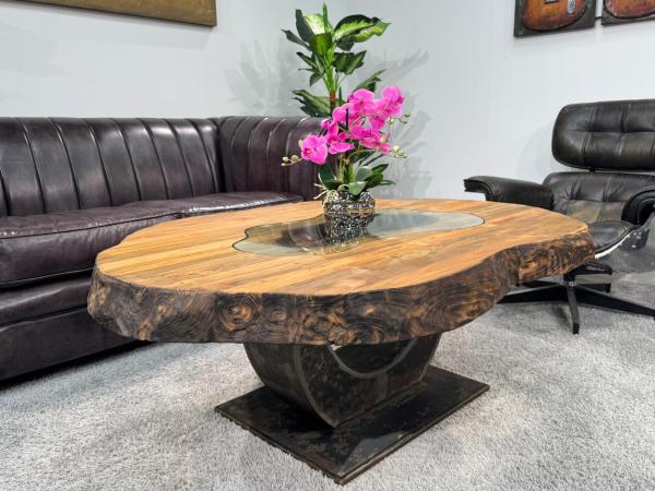 Organisch ovaler Couchtisch Fusion Holz Altholz Stahl rustikal