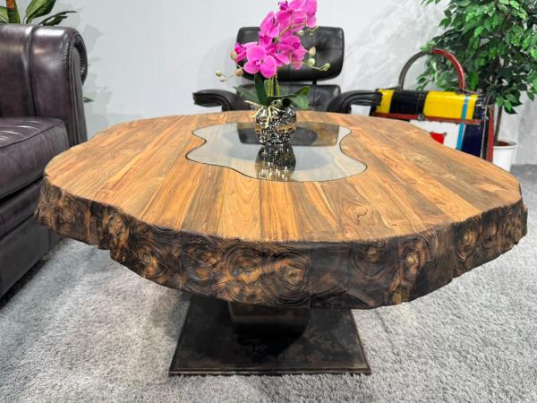 Organisch ovaler Couchtisch Fusion Holz Altholz Stahl rustikal