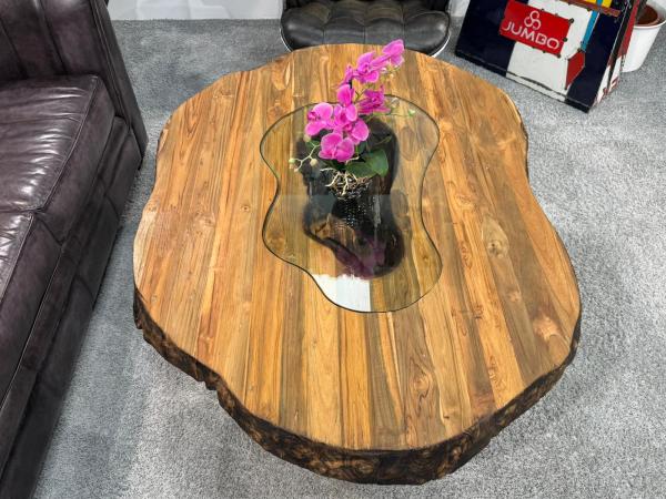 Organisch ovaler Couchtisch Fusion Holz Altholz Stahl rustikal