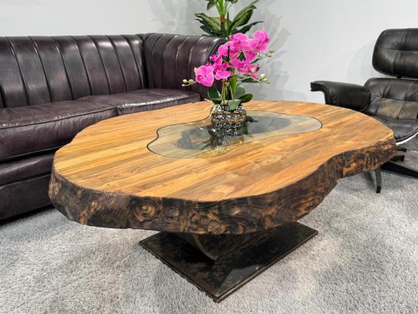 Organisch ovaler Couchtisch Fusion Holz Altholz Stahl rustikal