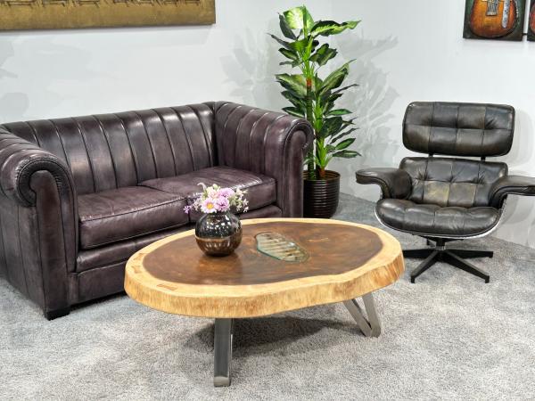SONDERANGEBOT Ovaler Couchtisch aus einem Baumstamm, ca. 120 x 85 x 42,5 cm  "Lakeside Suar" mit Glaseinlage