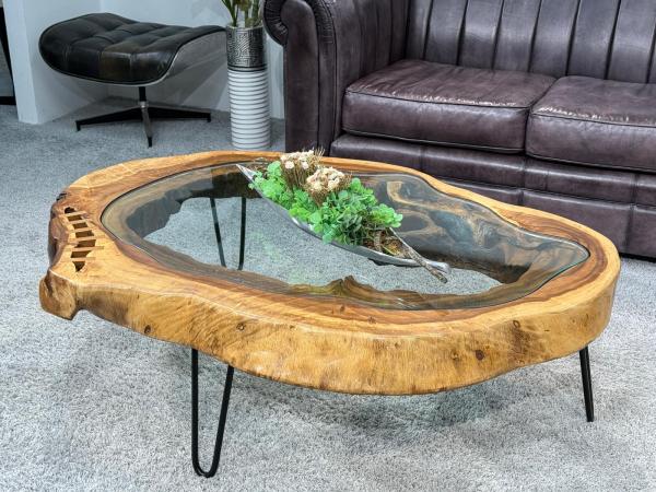 Massiver runder Couchtisch Baumstamm mit Metallgestell