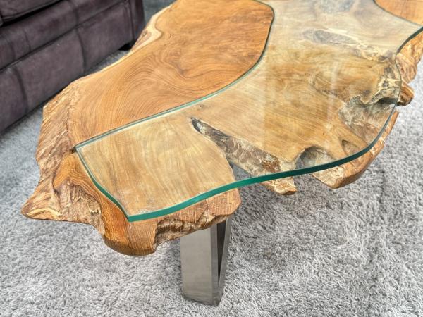 Wohnzimmertisch aus Suar-Holz mit Glasplatte, 120 x 60 x 39 cm