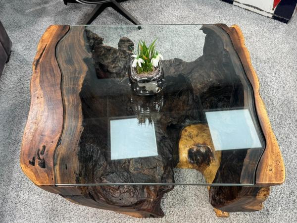 Living room table from Suar tree trunk with glass top, 83x75x39 cm.