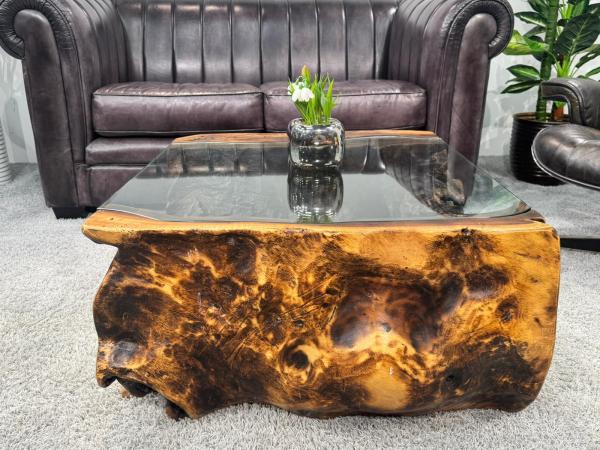 Living room table made from Suar tree trunk with glass top, 83x75x39 cm.