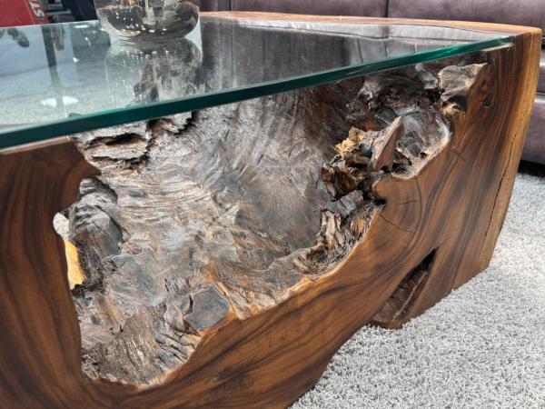 Close-up of a living room table made from Suar wood.