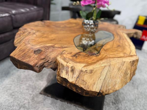 Unikat Couchtisch aus Holz Baumstamm Baumscheibe Metallfuss